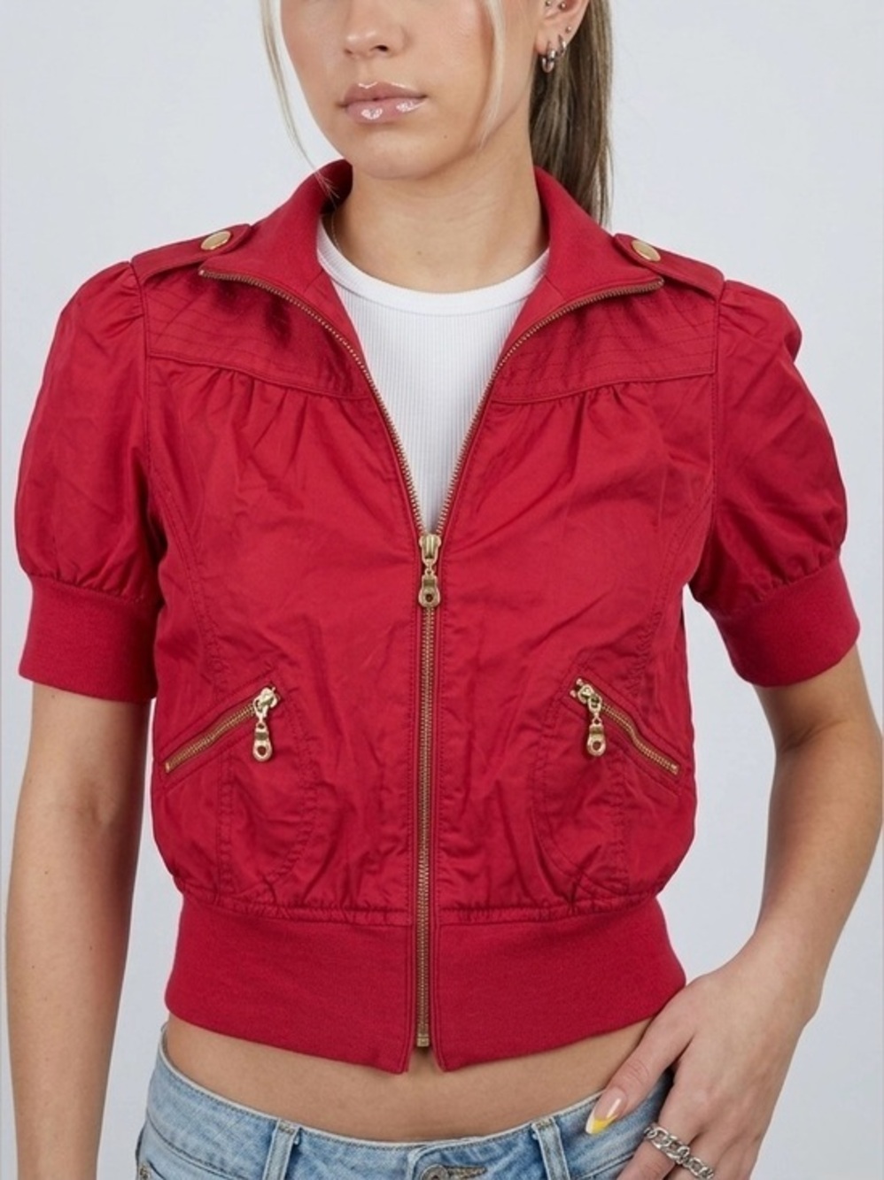 GUESS JEANS Red Puff Short Sleeve Utility Bomber Zip Jacket Y2K Vintage